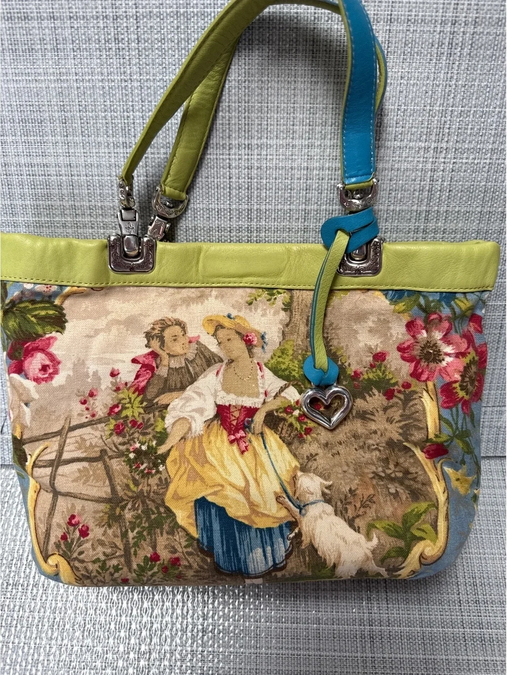 Brighton Reversible Floral Lime Green Heart Tote Bag Blue Handles 11” x 7.5”